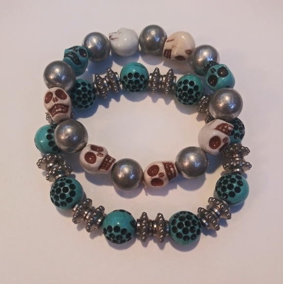 Blue Boho Skull Bracelet Set/Pair - Blue, Silver, White - NWOT - Picture 2 of 3